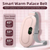 A smart warm palace belt with a light pink body, gray strap, and digital display showing green temperature readings, set against a pink grid background with feature callouts.