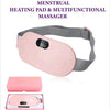 Pink menstrual heating pad with gray strap and digital display, shown with packaging on a white background.