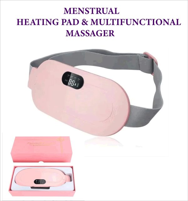 Pink menstrual heating pad with gray strap and digital display, shown with packaging on a white background.