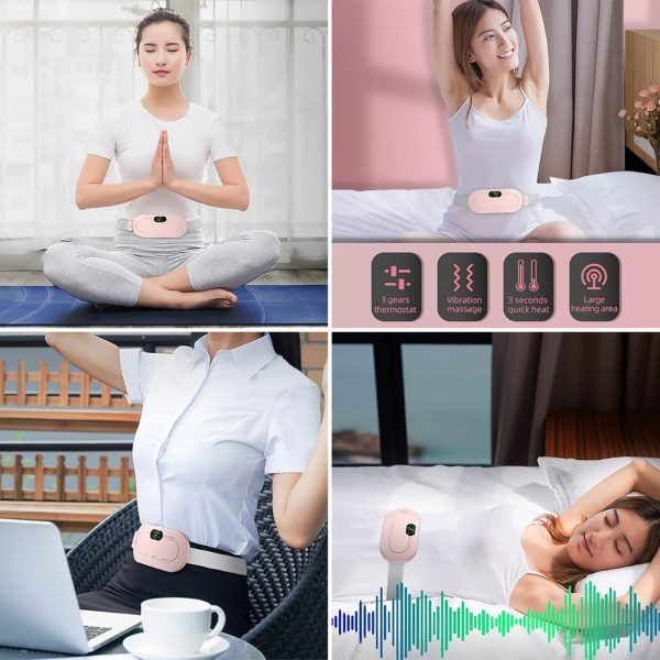 Collage of a woman using a pink electronic device for various activities including yoga, sitting, and lying down.